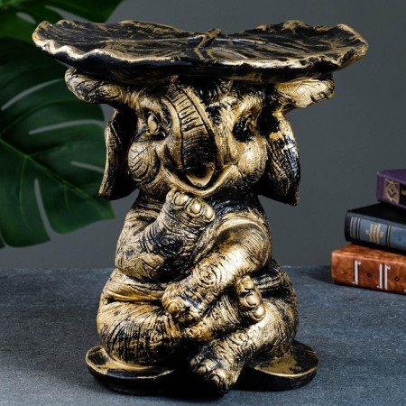 Фигура-подставка для мелочей «Слон с листком», столик, гипс, бронза с золотом, 29х28х29 см