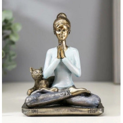 «Девушка в позе лотоса, с котом», синий, 14х11х7.8 см